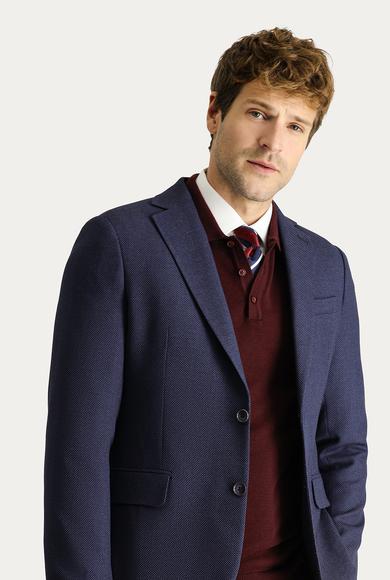 Erkek Giyim - AÇIK LACİVERT 50 Beden Yünlü Desenli Klasik Ceket