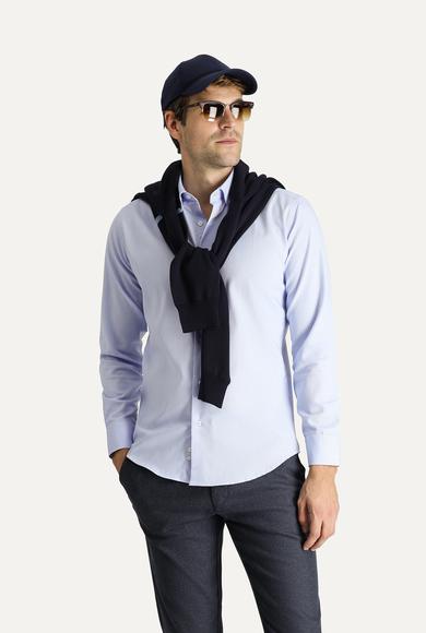 Erkek Giyim - MAVİ XXL Beden Uzun Kol Slim Fit Non Iron Oxford Pamuklu Gömlek