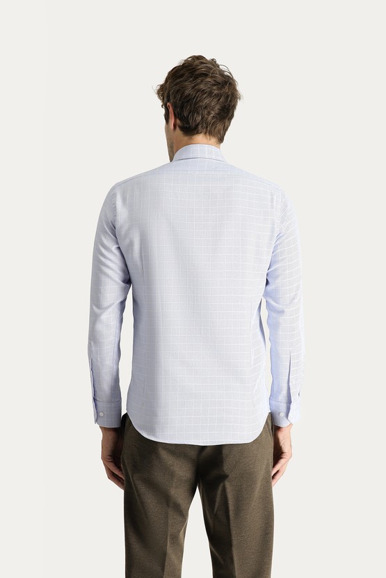 Erkek Giyim - Uzun Kol Slim Fit Dar Kesim Non Iron Kareli Pamuklu Gömlek