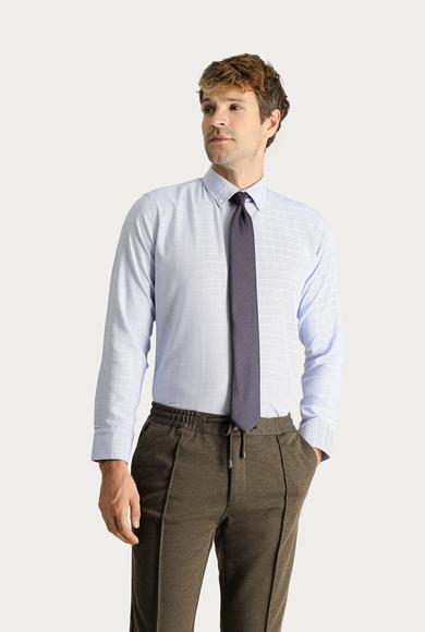 Erkek Giyim - MAVİ L Beden Uzun Kol Slim Fit Non Iron Kareli Pamuklu Gömlek