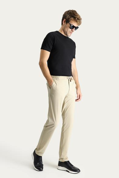 Erkek Giyim - ORTA BEJ 54 Beden Regular Fit Beli Lastikli İpli Likralı Pantolon