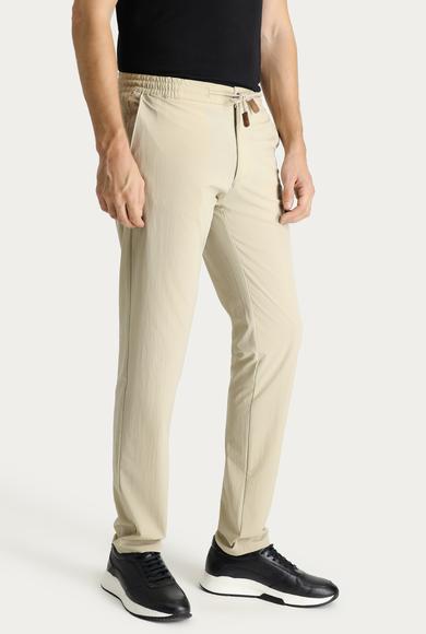 Erkek Giyim - ORTA BEJ 54 Beden Regular Fit Beli Lastikli İpli Likralı Pantolon
