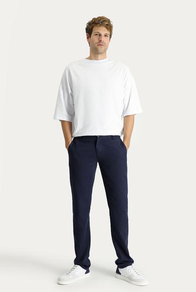 Erkek Giyim - KOYU LACİVERT 62 Beden Regular Fit Beli Lastikli Pamuklu Keten Kanvas / Chino Pantolon