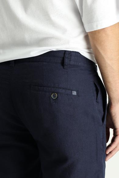 Erkek Giyim - KOYU LACİVERT 62 Beden Regular Fit Beli Lastikli Pamuklu Keten Kanvas / Chino Pantolon