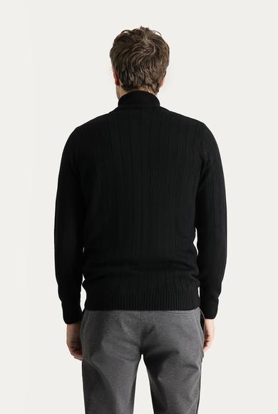 Erkek Giyim - Siyah 3X Beden Fermuarlı Triko Hırka
