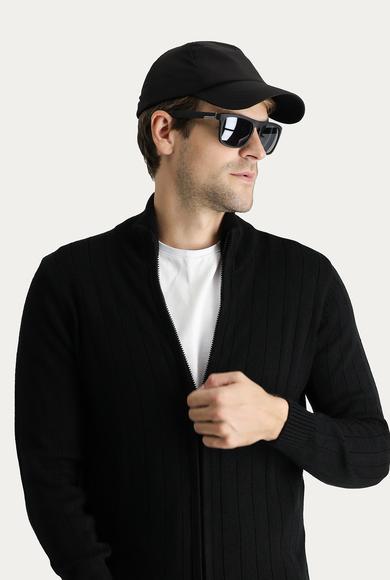 Erkek Giyim - Siyah 3X Beden Fermuarlı Triko Hırka