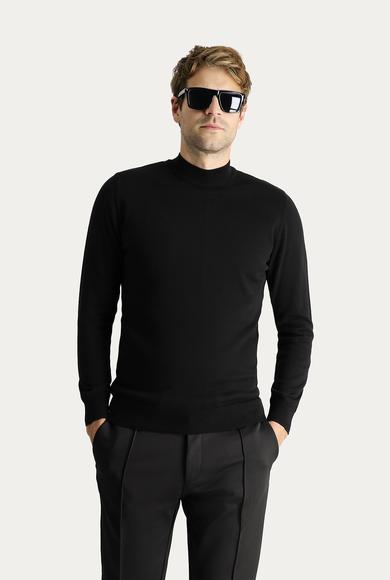 Erkek Giyim - Siyah 3X Beden Bato Yaka Regular Fit Pamuklu Triko Kazak