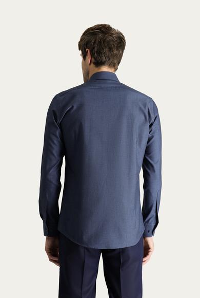 Erkek Giyim - KOYU LACİVERT L Beden Uzun Kol Slim Fit Klasik Desenli Pamuk Gömlek