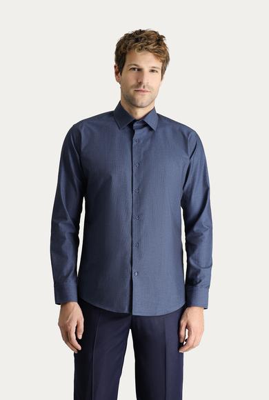 Erkek Giyim - KOYU LACİVERT L Beden Uzun Kol Slim Fit Klasik Desenli Pamuk Gömlek