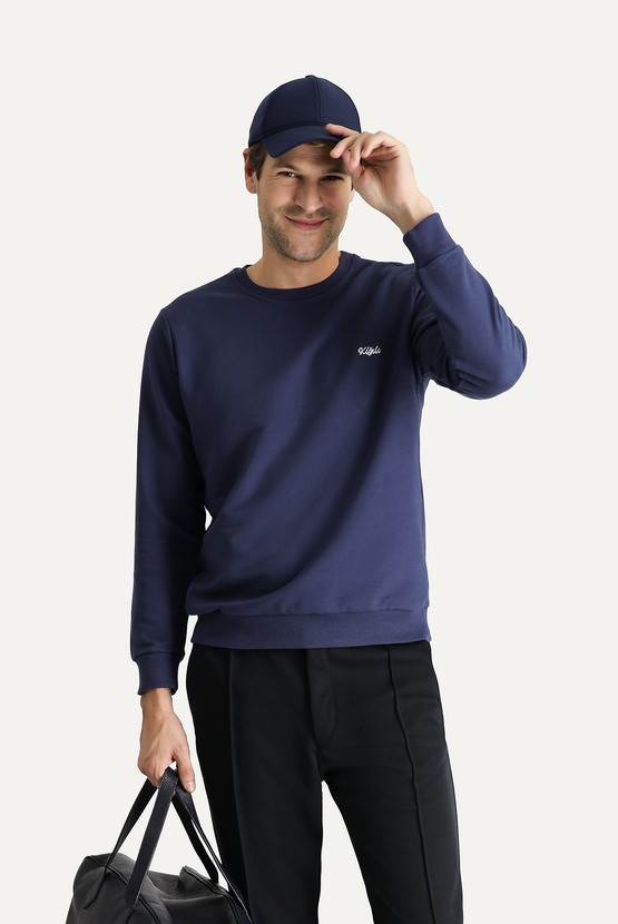 Erkek Giyim - Bisiklet Yaka Regular Fit Nakışlı Pamuklu Sweatshirt