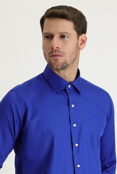Erkek Giyim - SAKS MAVİ L Beden Uzun Kol Slim Fit Dar Kesim Non Iron Saten Pamuklu Gömlek