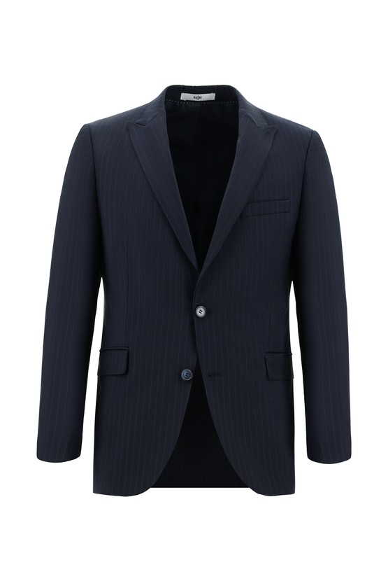 Erkek Giyim - Slim Fit Dar Kesim Yünlü Klasik Çizgili Takım Elbise