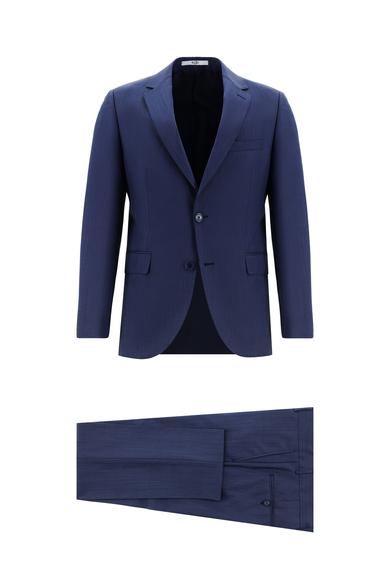 Erkek Giyim - AÇIK LACİVERT 50 Beden Slim Fit Yünlü Klasik Ekose Takım Elbise