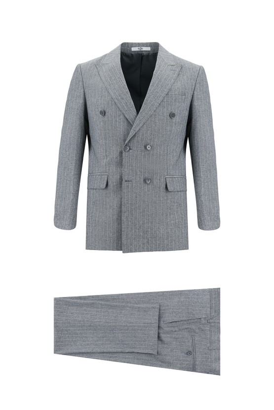 Erkek Giyim - Regular Fit Kruvaze Çizgili Takım Elbise