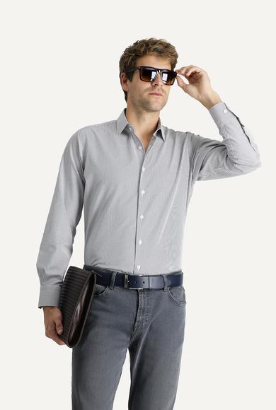 Erkek Giyim - KOYU LACİVERT 4X Beden Uzun Kol Regular Fit Çizgili Pamuklu Gömlek