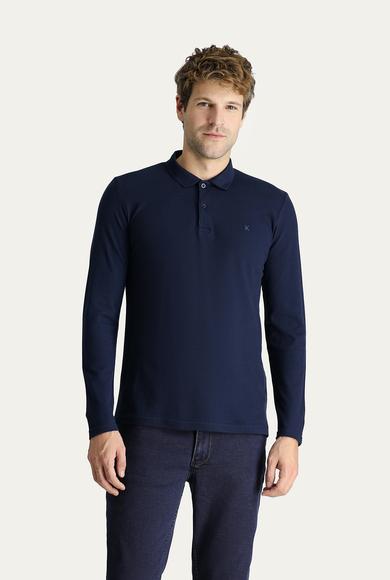Erkek Giyim - KOYU LACİVERT XXL Beden Polo Yaka Slim Fit Nakışlı Pamuk Sweatshirt