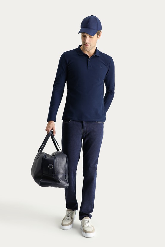 Erkek Giyim - Polo Yaka Slim Fit Dar Kesim Nakışlı Pamuk Sweatshirt