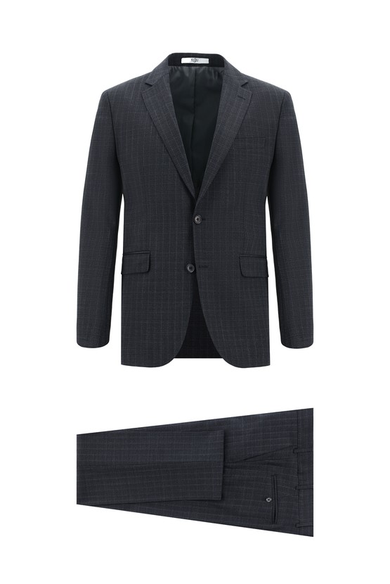 Erkek Giyim - Slim Fit Dar Kesim Yünlü Klasik Ekose Takım Elbise