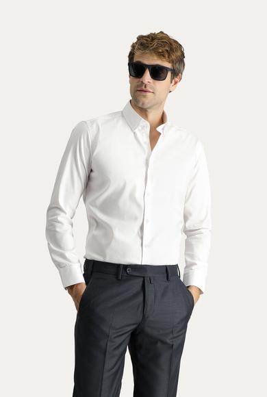 Erkek Giyim - BEYAZ S Beden Uzun Kol Slim Fit Non Iron Oxford Pamuklu Gömlek