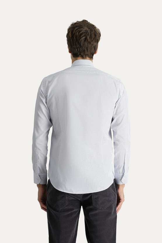 Erkek Giyim - Uzun Kol Slim Fit Dar Kesim Non Iron Çizgili Pamuklu Gömlek