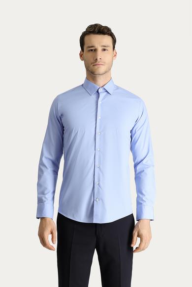 Erkek Giyim - AQUA MAVİSİ M Beden Uzun Kol Slim Fit Klasik Pamuklu Gömlek