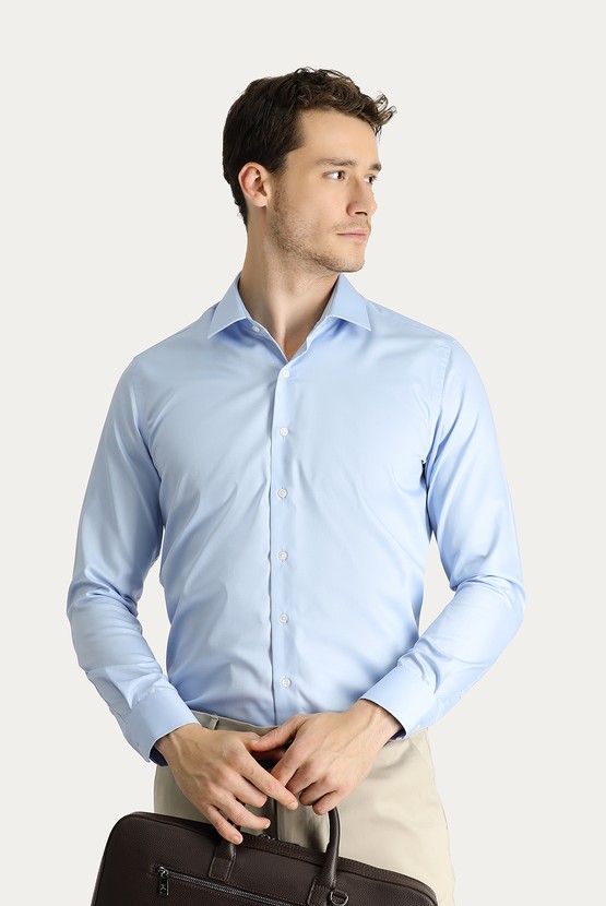 Erkek Giyim - Uzun Kol Slim Fit Non Iron Saten Pamuklu Gömlek