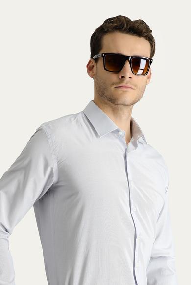 Erkek Giyim - ORTA GRİ S Beden Uzun Kol Slim Fit Klasik Çizgili Pamuklu Gömlek