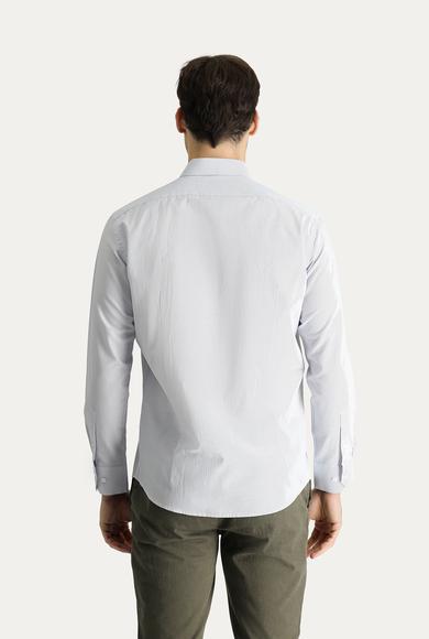 Erkek Giyim - ORTA GRİ S Beden Uzun Kol Slim Fit Klasik Çizgili Pamuklu Gömlek
