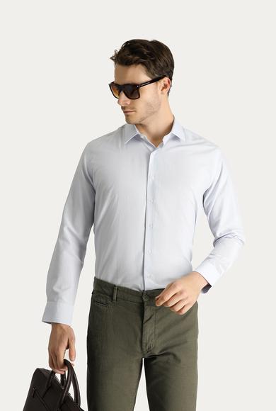 Erkek Giyim - ORTA GRİ M Beden Uzun Kol Slim Fit Klasik Çizgili Pamuklu Gömlek