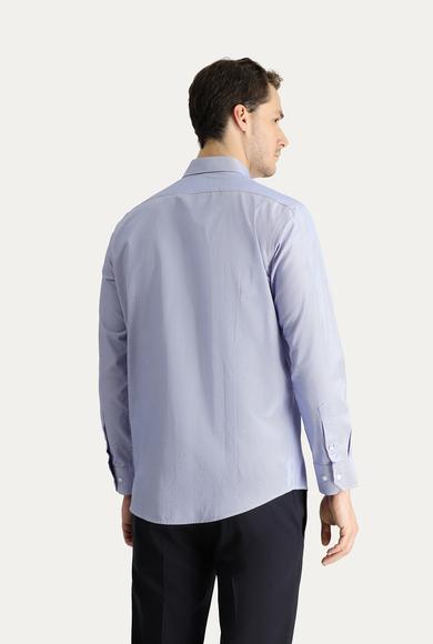 Erkek Giyim - KOYU MAVİ L Beden Uzun Kol Slim Fit Klasik Çizgili Pamuklu Gömlek