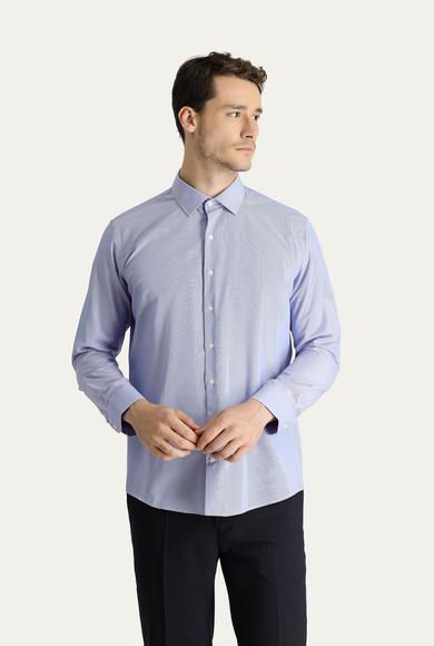 Erkek Giyim - KOYU MAVİ L Beden Uzun Kol Slim Fit Klasik Çizgili Pamuklu Gömlek