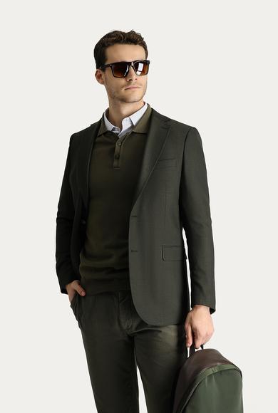 Erkek Giyim - KOYU HAKİ 50 Beden Yünlü Klasik Desenli Ceket