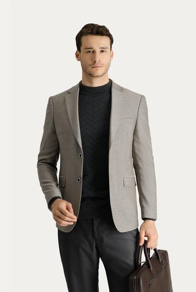 Erkek Giyim - AÇIK VİZON 58 Beden Slim Fit Yünlü Klasik Desenli Ceket