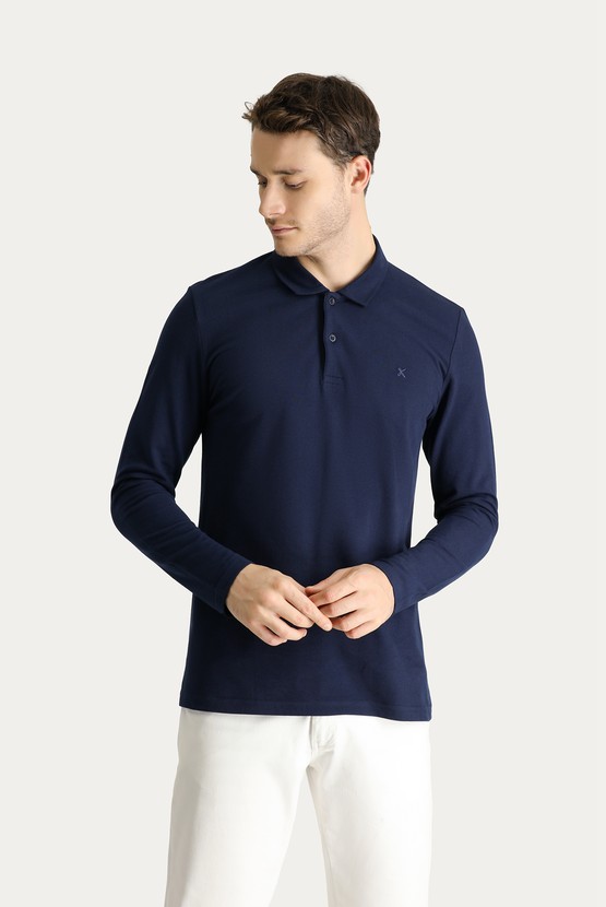 Erkek Giyim - Polo Yaka Regular Fit Nakışlı Pamuk Sweatshirt