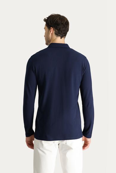 Erkek Giyim - KOYU LACİVERT XXL Beden Polo Yaka Regular Fit Nakışlı Pamuk Sweatshirt