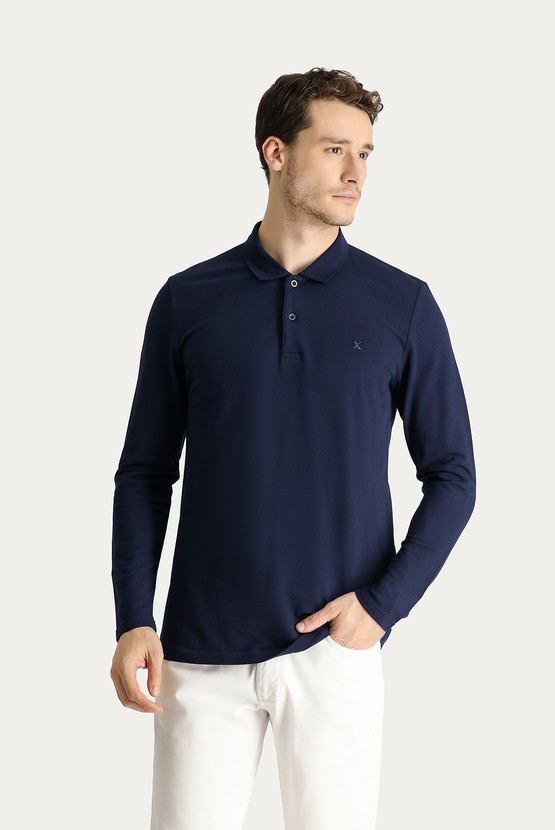 Erkek Giyim - Polo Yaka Regular Fit Nakışlı Pamuk Sweatshirt