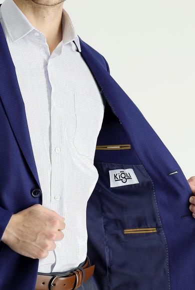 Erkek Giyim - ORTA LACİVERT 46 Beden Süper Slim Fit Klasik Desenli Ceket