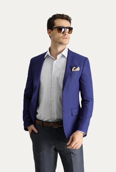 Erkek Giyim - ORTA LACİVERT 46 Beden Süper Slim Fit Klasik Desenli Ceket