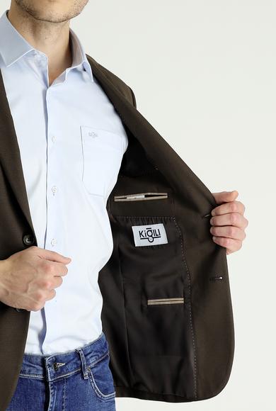 Erkek Giyim - KOYU KAHVE 48 Beden Süper Slim Fit Klasik Desenli Ceket