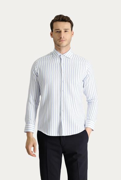 Erkek Giyim - AÇIK MAVİ L Beden Uzun Kol Slim Fit Çizgili Pamuklu Gömlek