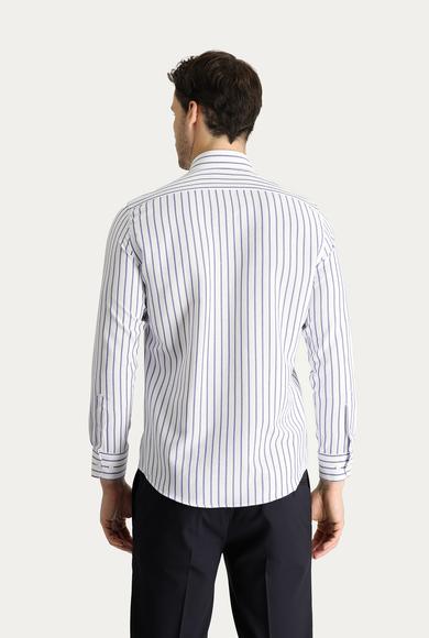 Erkek Giyim - MAVİ L Beden Uzun Kol Slim Fit Çizgili Pamuklu Gömlek
