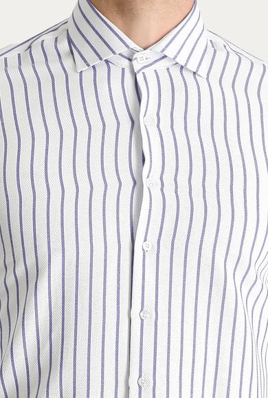 Erkek Giyim - MAVİ XXL Beden Uzun Kol Slim Fit Çizgili Pamuklu Gömlek