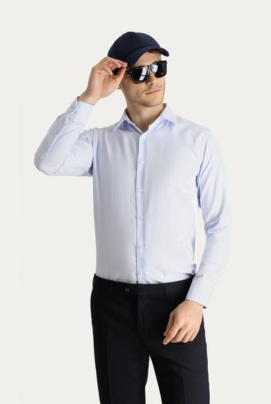 Erkek Giyim - AÇIK MAVİ XL Beden Uzun Kol Slim Fit Non Iron Desenli Pamuklu Gömlek