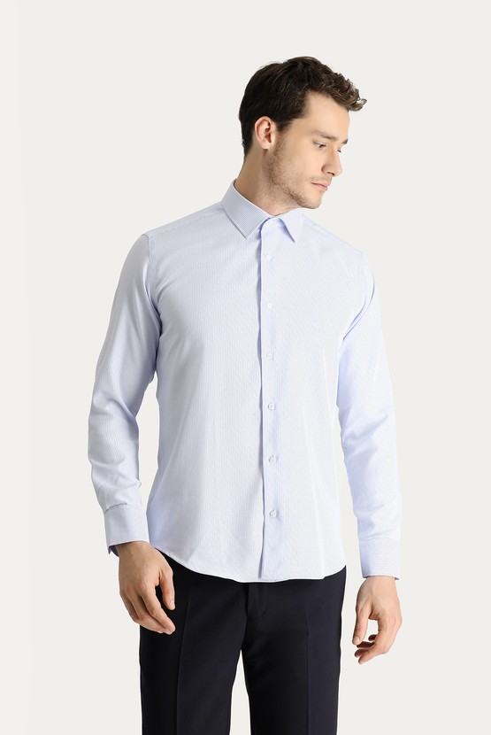 Erkek Giyim - Uzun Kol Slim Fit Dar Kesim Non Iron Desenli Pamuklu Gömlek