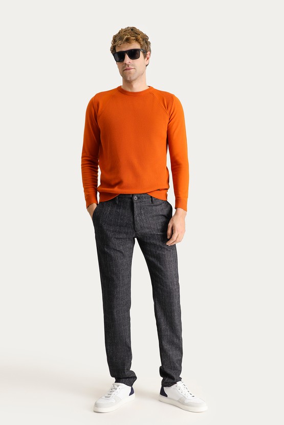 Erkek Giyim - Slim Fit Dar Kesim Ekose Likralı Kanvas / Chino Pantolon