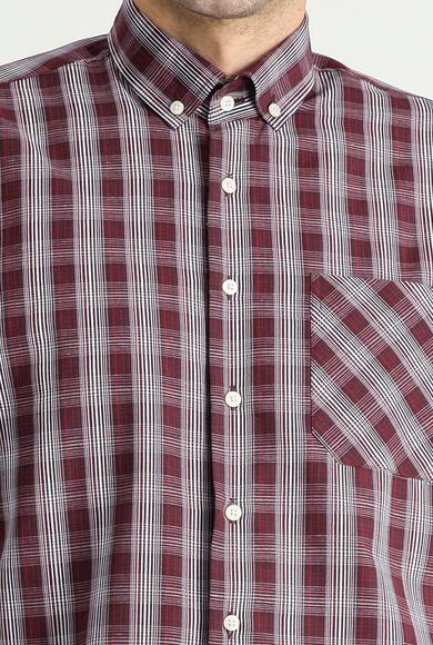 Erkek Giyim - KOYU KIRMIZI 3X Beden Uzun Kol Regular Fit Ekose Pamuklu Gömlek