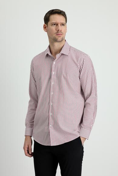 Erkek Giyim - AÇIK BORDO S Beden Uzun Kol Slim Fit Çizgili Pamuklu Gömlek