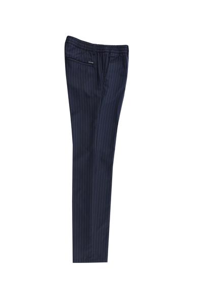 Erkek Giyim - ORTA LACİVERT 56 Beden Slim Fit Beli Lastikli Çizgili Likralı Klasik Pantolon