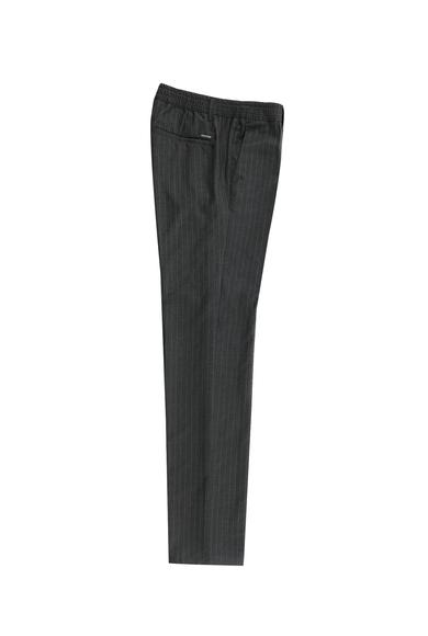 Erkek Giyim - ORTA ANTRASİT 48 Beden Slim Fit Beli Lastikli Çizgili Likralı Klasik Pantolon