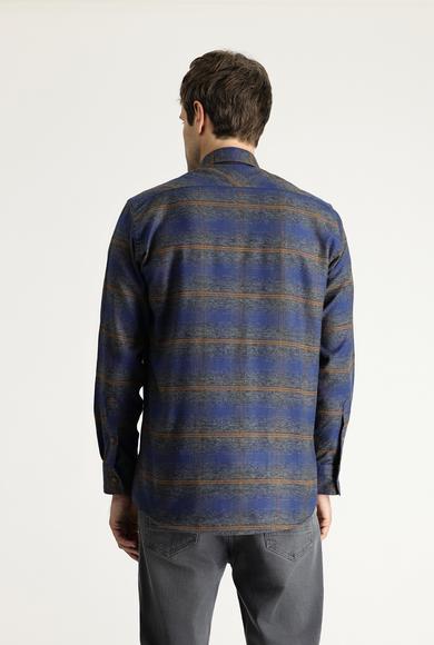 Erkek Giyim - KOYU MAVİ M Beden Uzun Kol Regular Fit Oduncu Ekose Pamuk Gömlek
